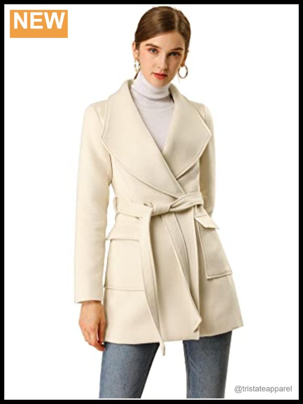 Women Winter Wrap Coat Long Sleeve Tie Belt Shawl Collar Peacoat